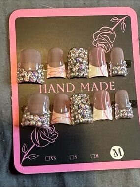 Hand Made Pink Crystal French Tip Press-On Nails - M